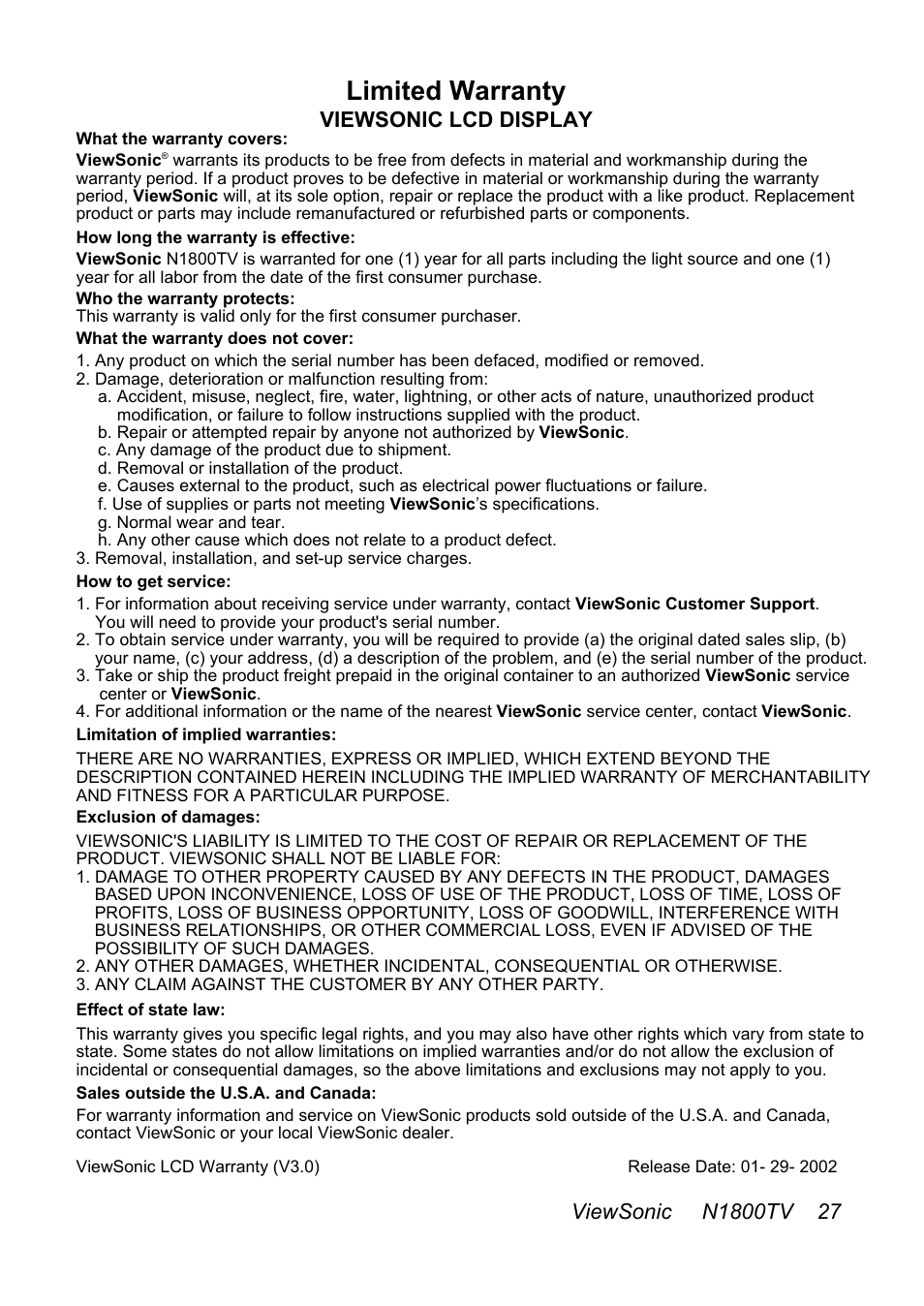Limited warranty, Viewsonic lcd display | VIEWSONIC N1800TV User Manual | Page 28 / 30