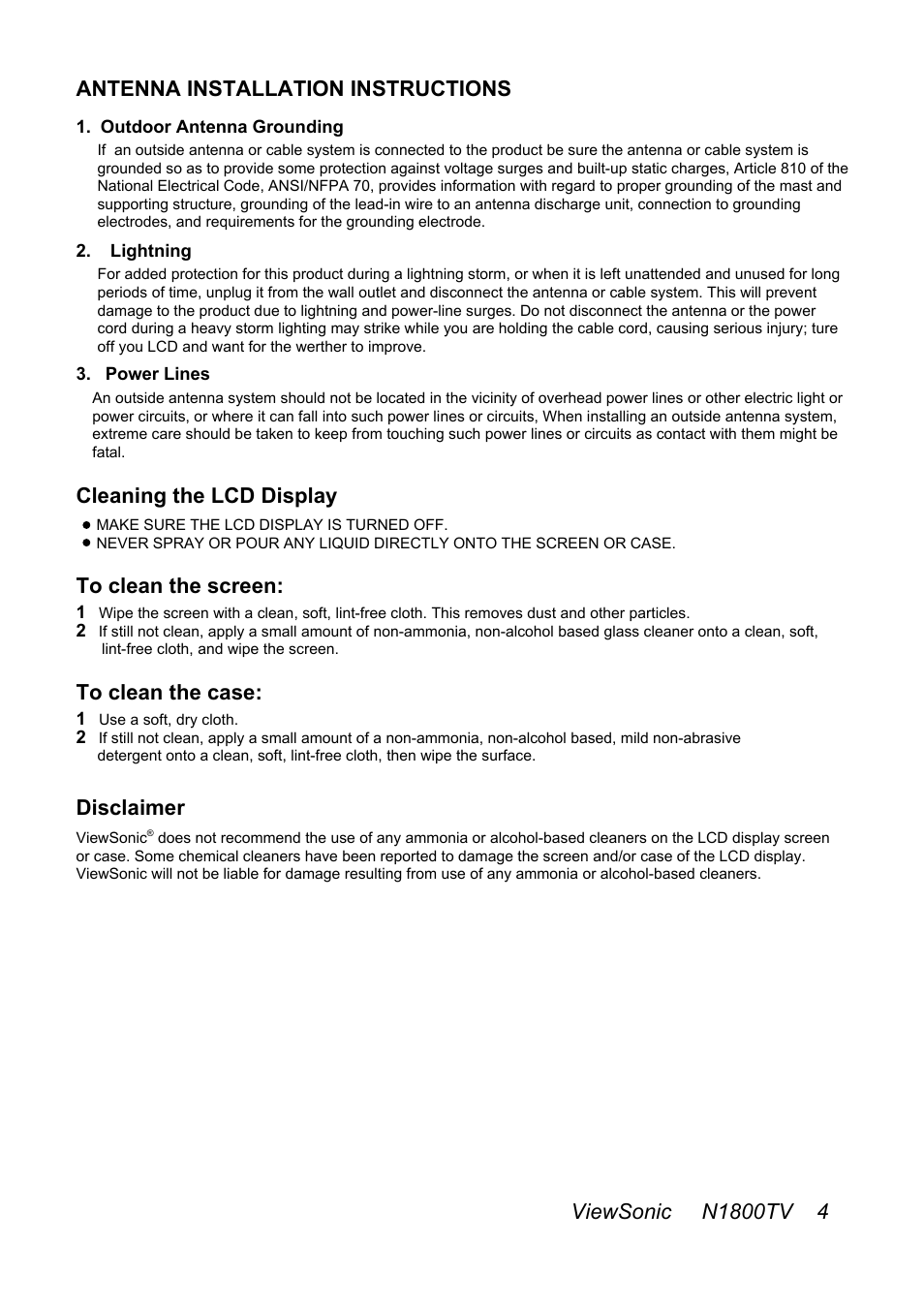 Antenna installation instructions, Disclaimer | VIEWSONIC N1800TV User Manual | Page 5 / 30