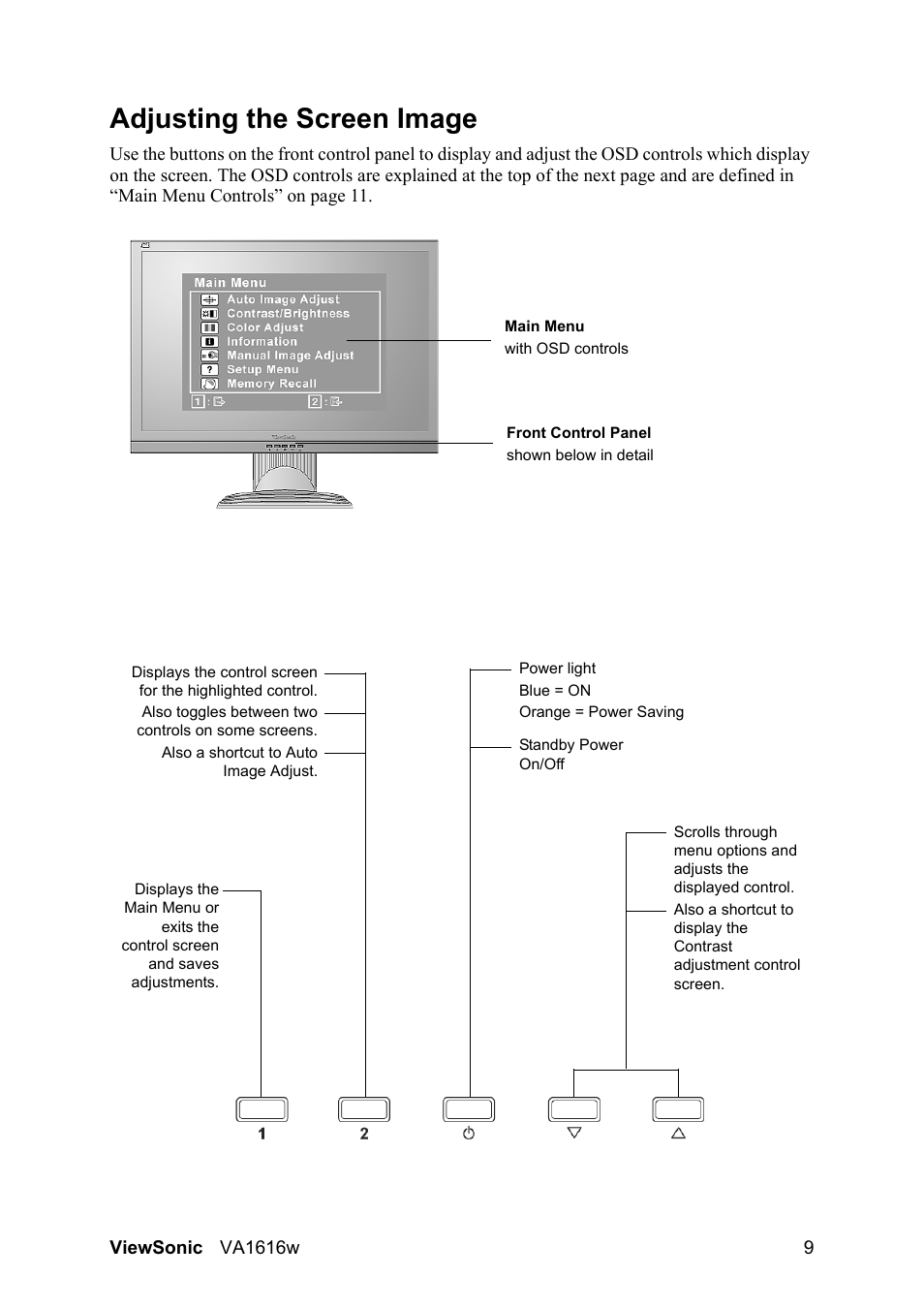 Adjusting the screen image | VIEWSONIC LCD DISPLAY VA1616W User Manual | Page 12 / 25