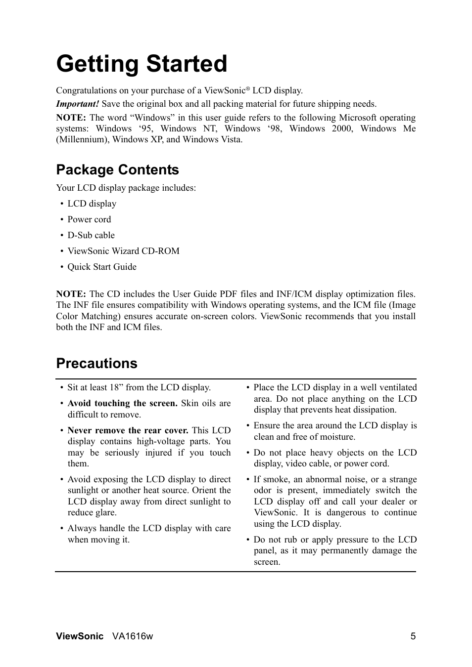 Getting started, Package contents, Precautions | VIEWSONIC LCD DISPLAY VA1616W User Manual | Page 8 / 25