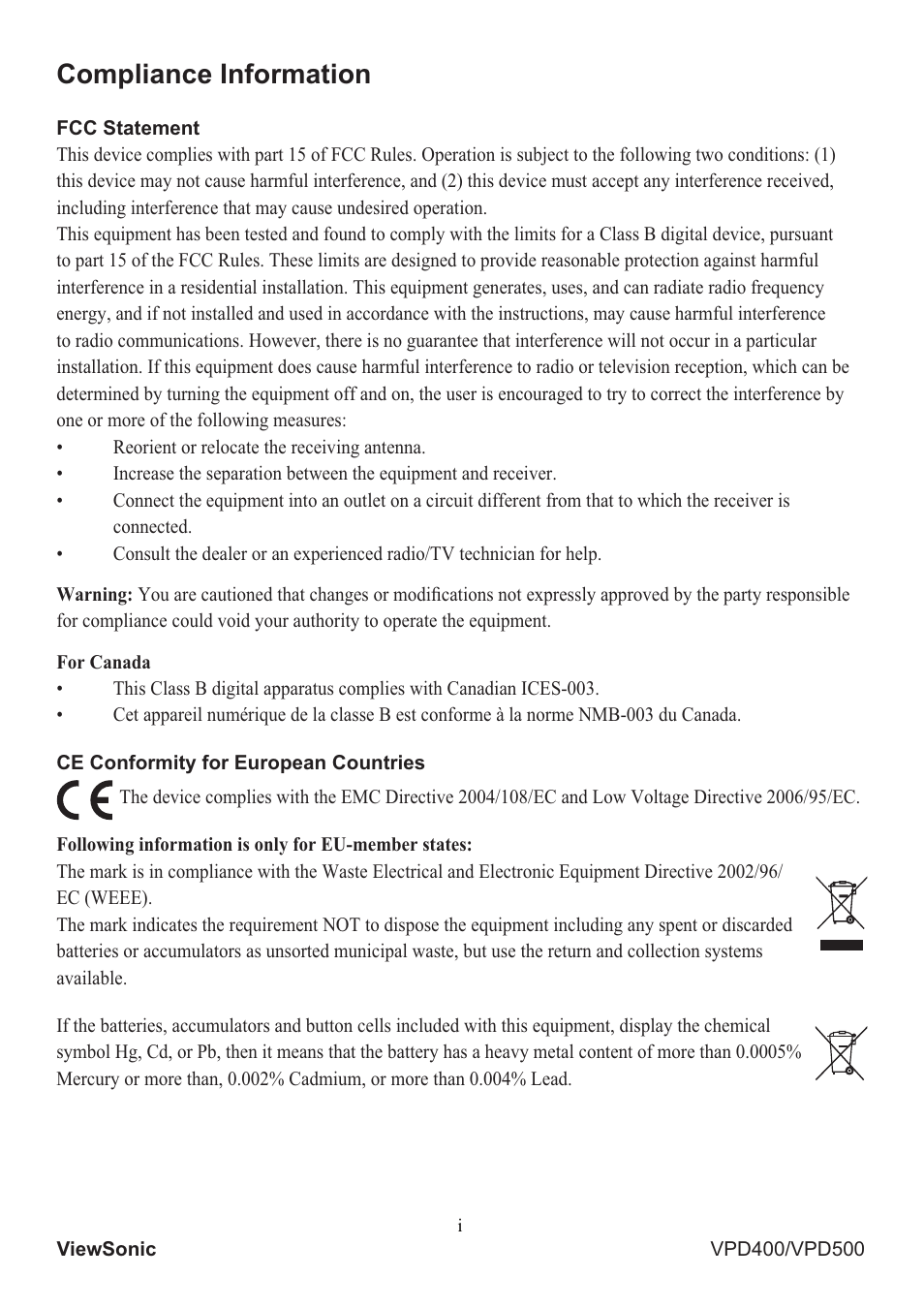 Compliance information | VIEWSONIC Portable Media Player VS12836 User Manual | Page 2 / 38