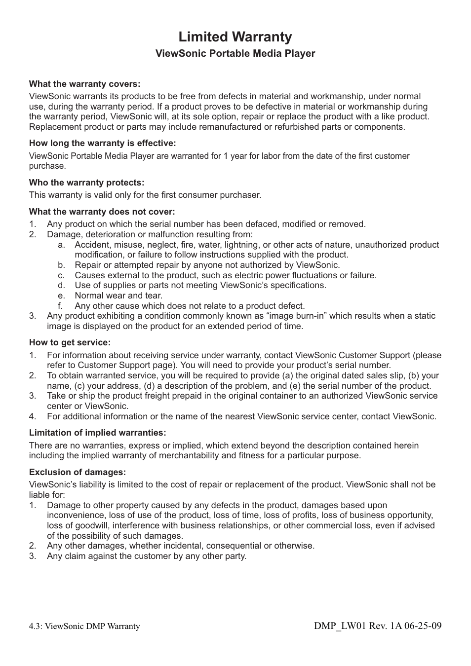 Limited warranty | VIEWSONIC Portable Media Player VS12836 User Manual | Page 37 / 38