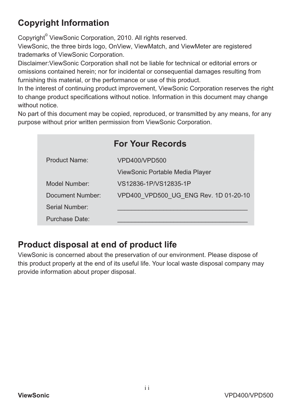 Copyright information, For your records, Product disposal at end of product life | VIEWSONIC Portable Media Player VS12836 User Manual | Page 4 / 38