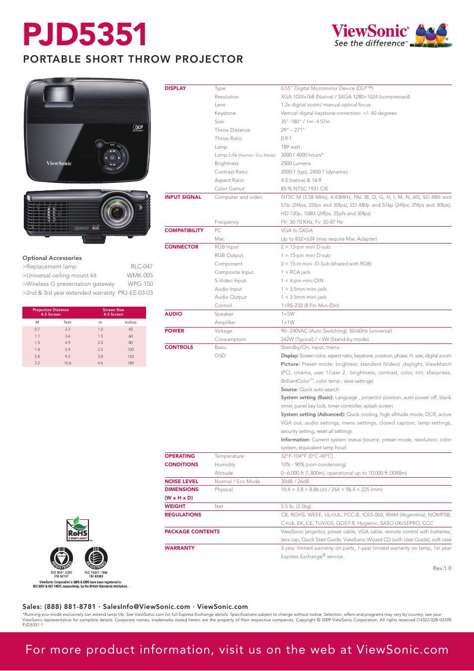 Pjd5351, Portable short throw projector | VIEWSONIC PJD5351 User Manual | Page 2 / 2