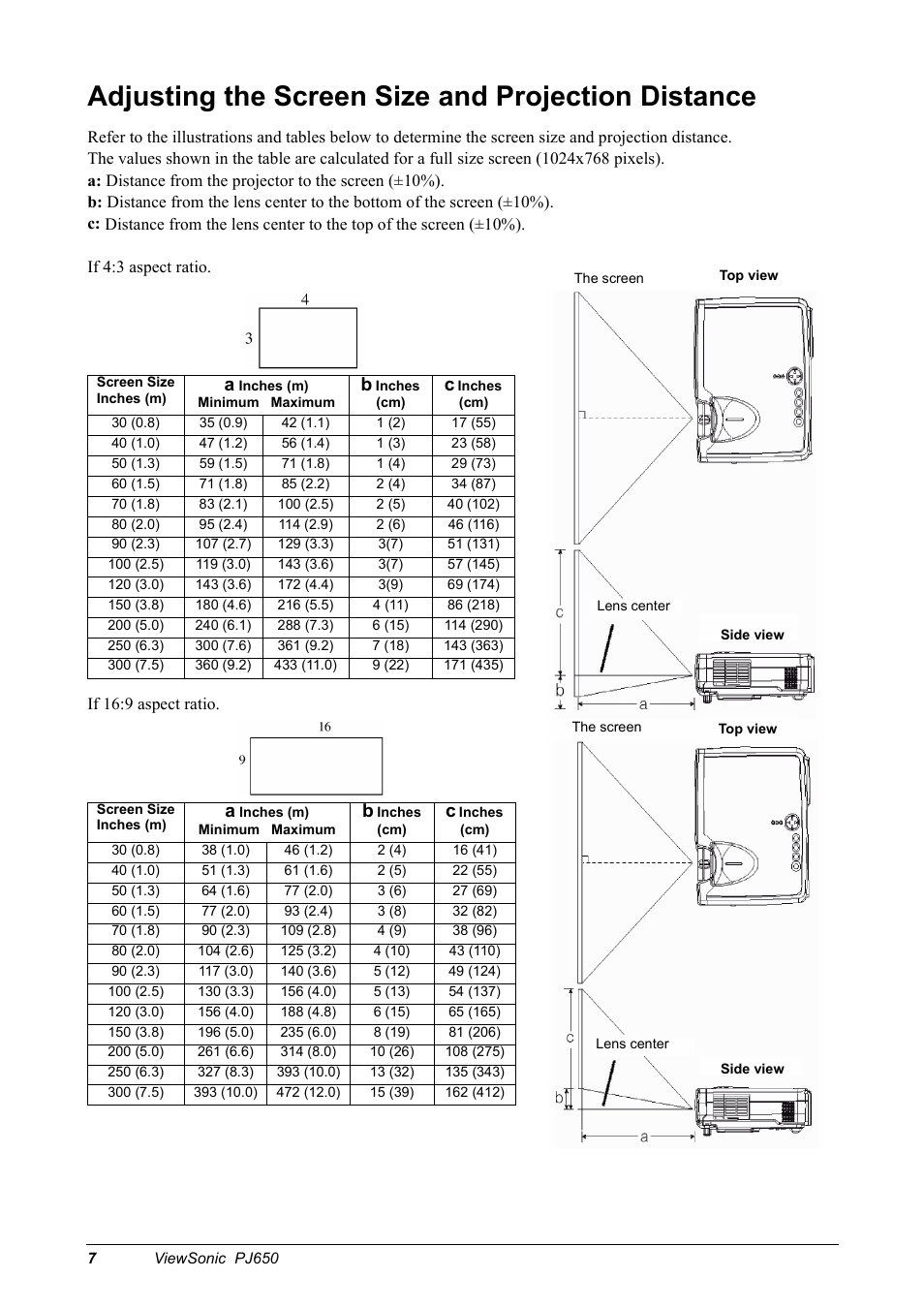 Adjusting the screen size and projection distance | VIEWSONIC PJ650 User Manual | Page 10 / 46