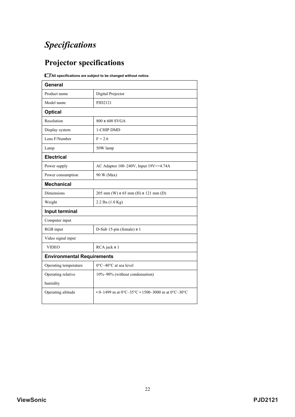 Specifications, Projector specifications, Pjd2121 viewsonic | VIEWSONIC PJD2121 VS12617 User Manual | Page 27 / 36