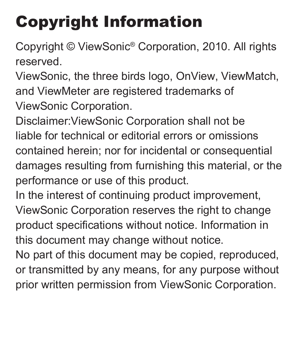 Copyright information | VIEWSONIC VS13394 User Manual | Page 2 / 73