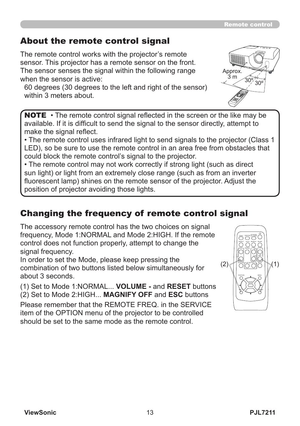 Changing the frequency of remote control signal, About the remote control signal | VIEWSONIC PJL7211 User Manual | Page 18 / 71