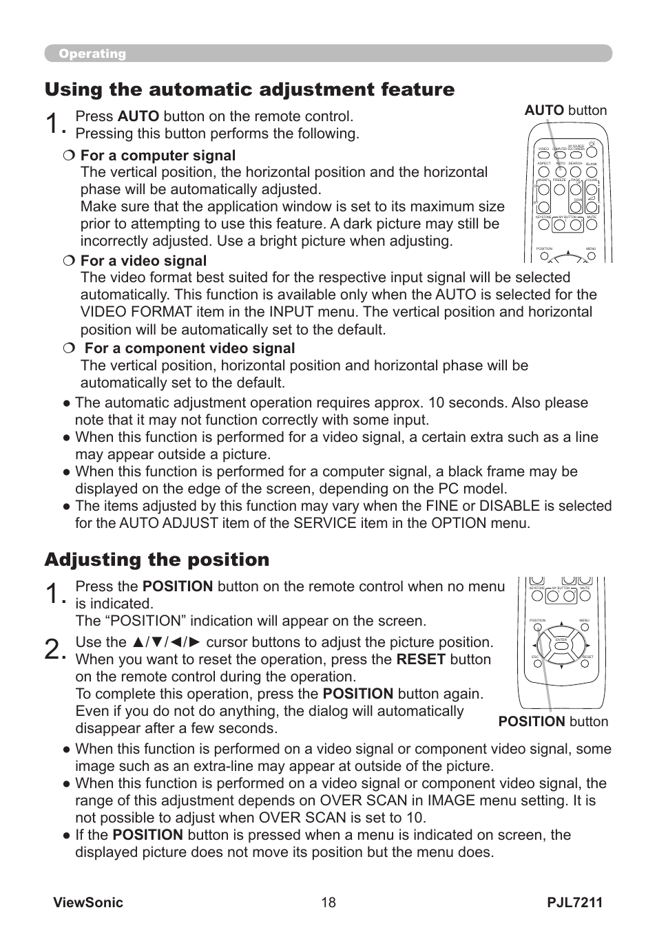 Adjusting the position, Using the automatic adjustment feature, Position button | Auto button, Operating | VIEWSONIC PJL7211 User Manual | Page 23 / 71