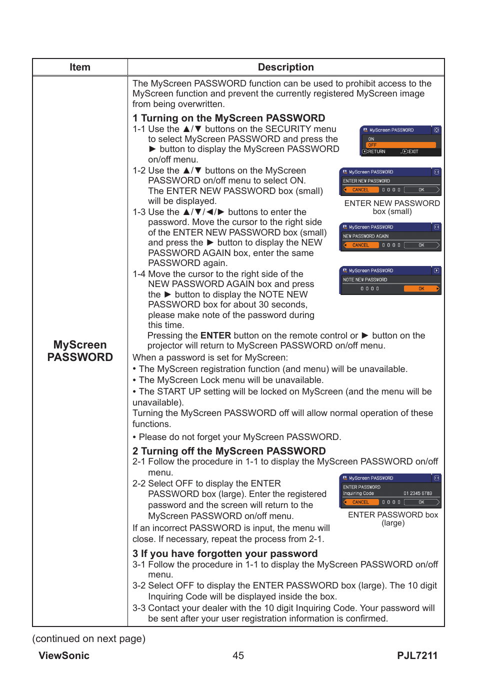Myscreen password | VIEWSONIC PJL7211 User Manual | Page 50 / 71