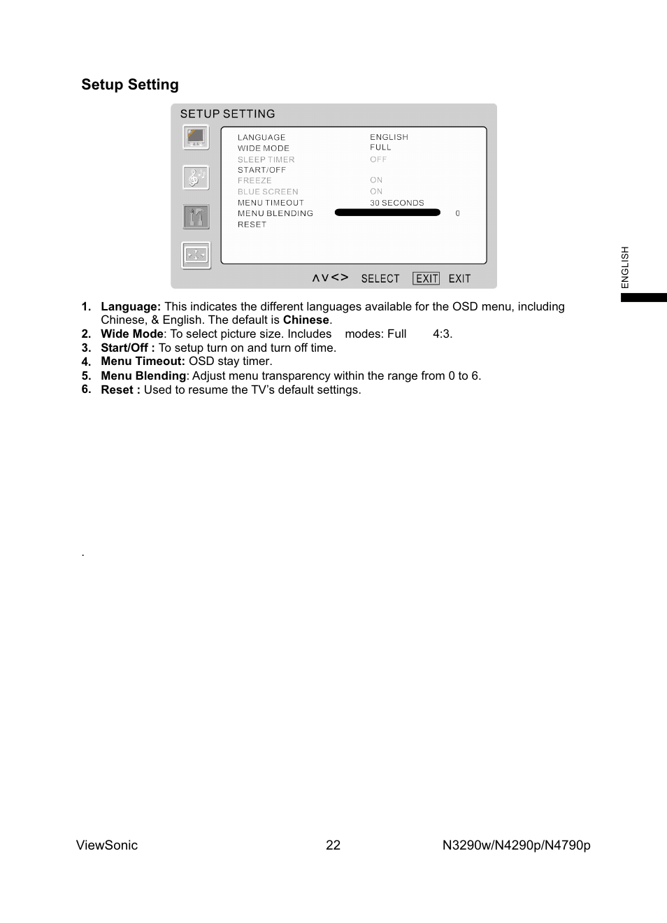 Setup setting | VIEWSONIC N4785P User Manual | Page 24 / 31