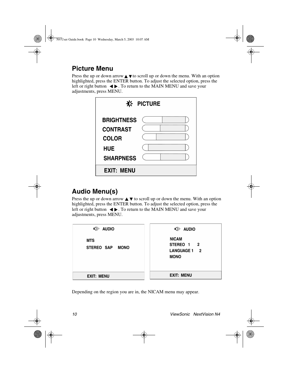 Picture menu, Audio menu(s) | VIEWSONIC NEXTVISION N4 User Manual | Page 13 / 22
