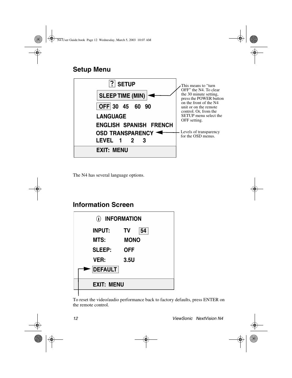 Setup menu, Information screen | VIEWSONIC NEXTVISION N4 User Manual | Page 15 / 22