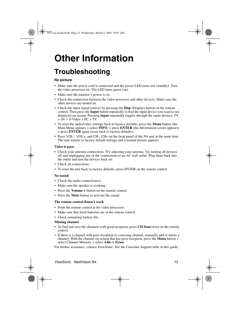 Other information, Troubleshooting | VIEWSONIC NEXTVISION N4 User Manual | Page 16 / 22