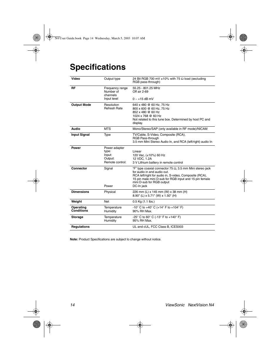 Specifications | VIEWSONIC NEXTVISION N4 User Manual | Page 17 / 22