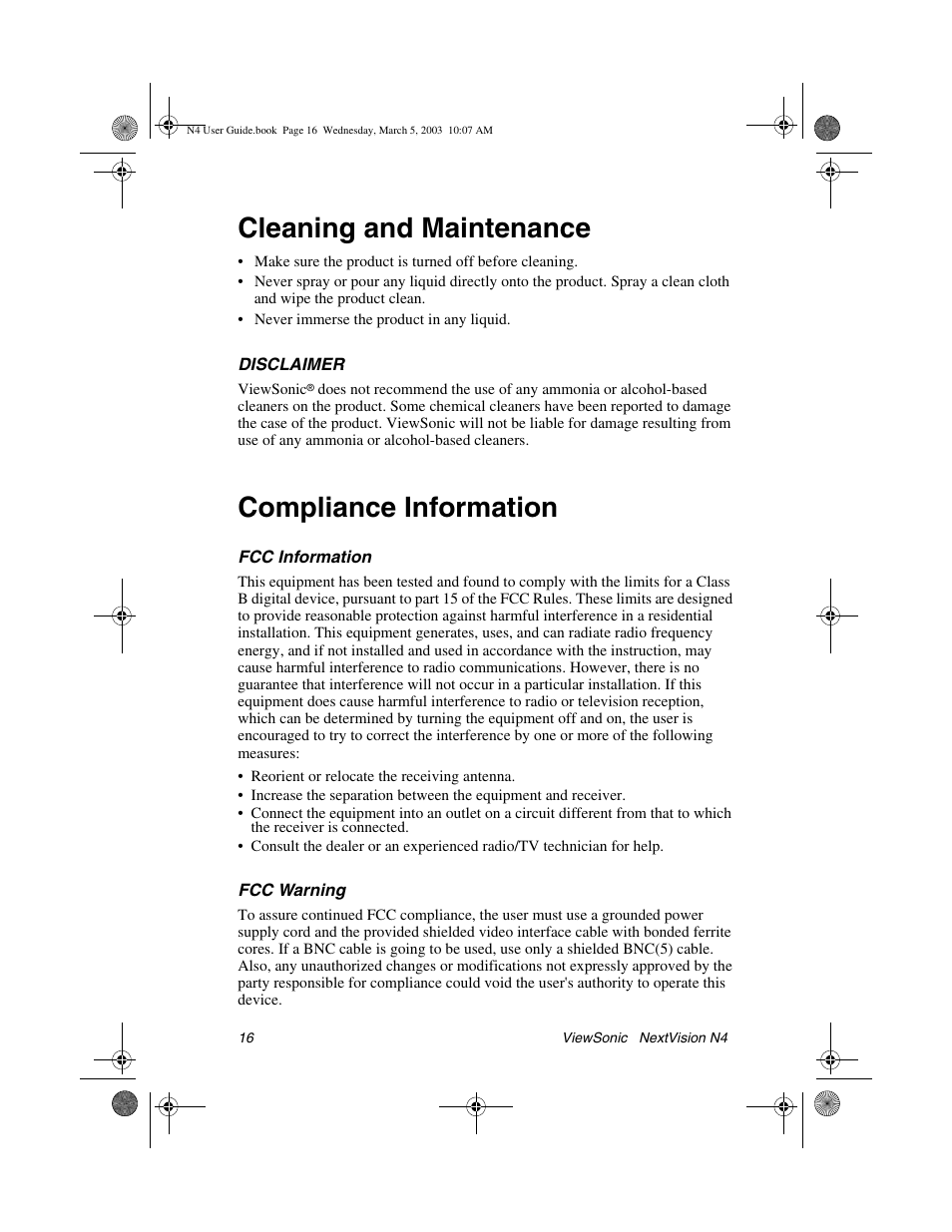 Cleaning and maintenance, Compliance information | VIEWSONIC NEXTVISION N4 User Manual | Page 19 / 22