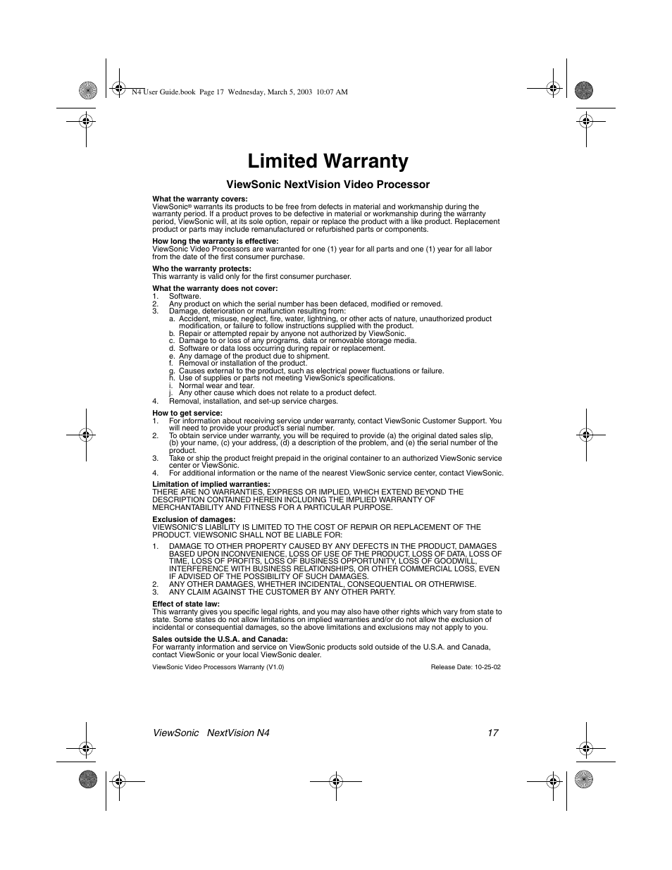Limited warranty, Viewsonic nextvision video processor | VIEWSONIC NEXTVISION N4 User Manual | Page 20 / 22