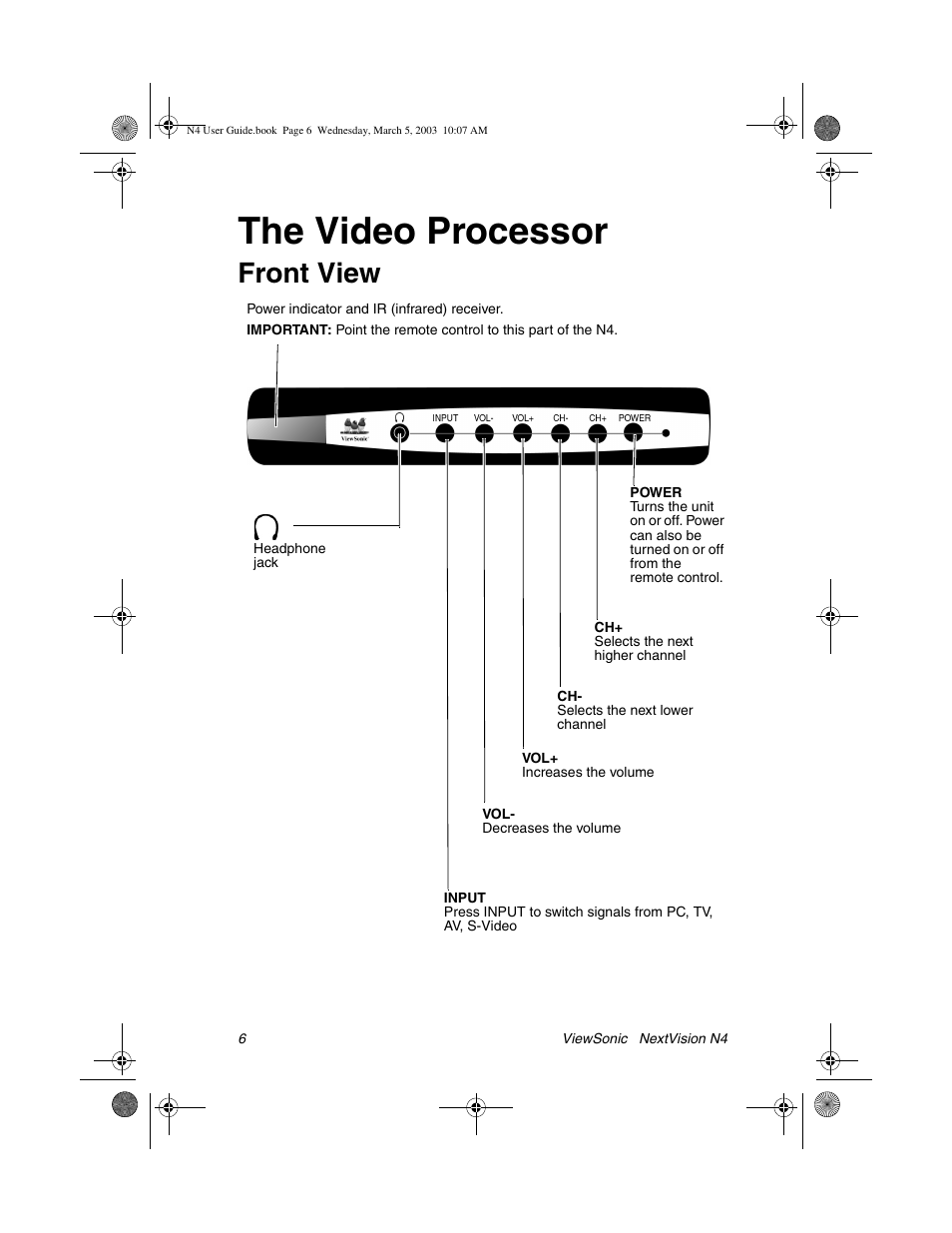 The video processor, Front view | VIEWSONIC NEXTVISION N4 User Manual | Page 9 / 22