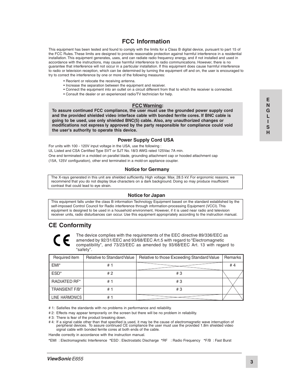 Fcc information, Ce conformity | VIEWSONIC E655 User Manual | Page 4 / 16