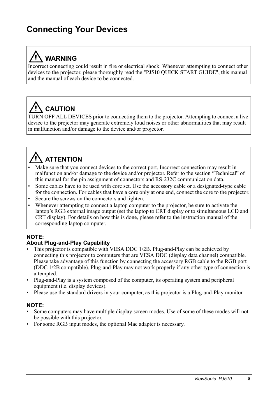 Connecting your devices, Note, About plug-and-play capability | VIEWSONIC PJ510 User Manual | Page 11 / 49
