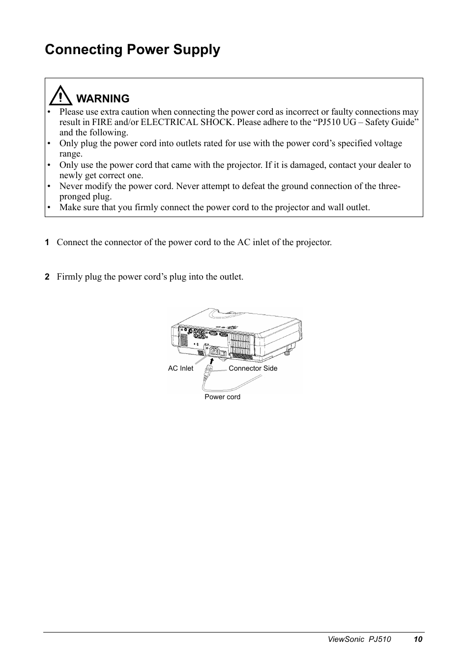 Connecting power supply, Warning | VIEWSONIC PJ510 User Manual | Page 13 / 49