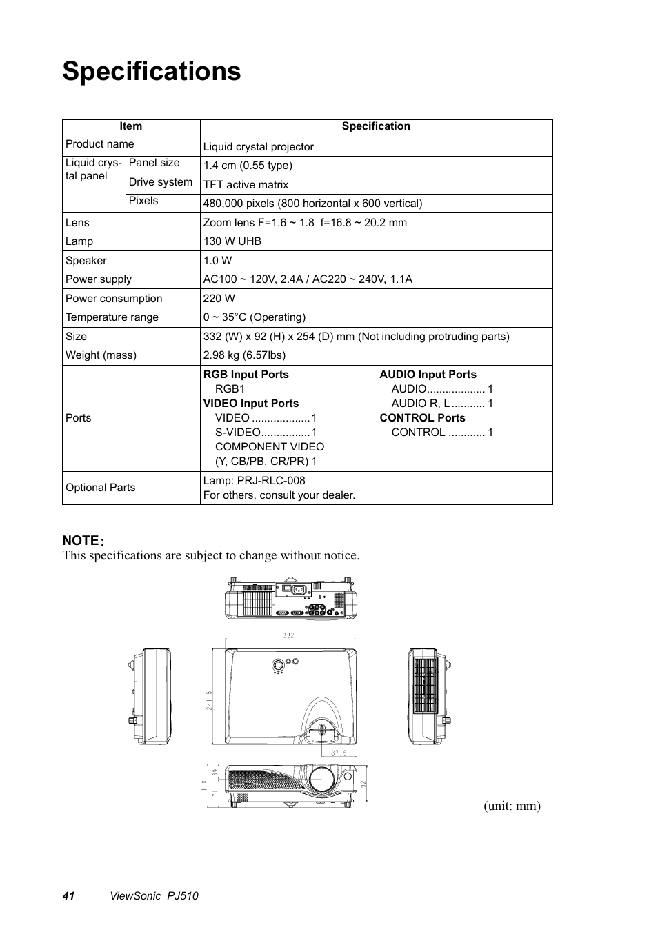 Specifications, Product name, Liquid crystal panel | Panel size, Drive system, Pixels, Note | VIEWSONIC PJ510 User Manual | Page 44 / 49