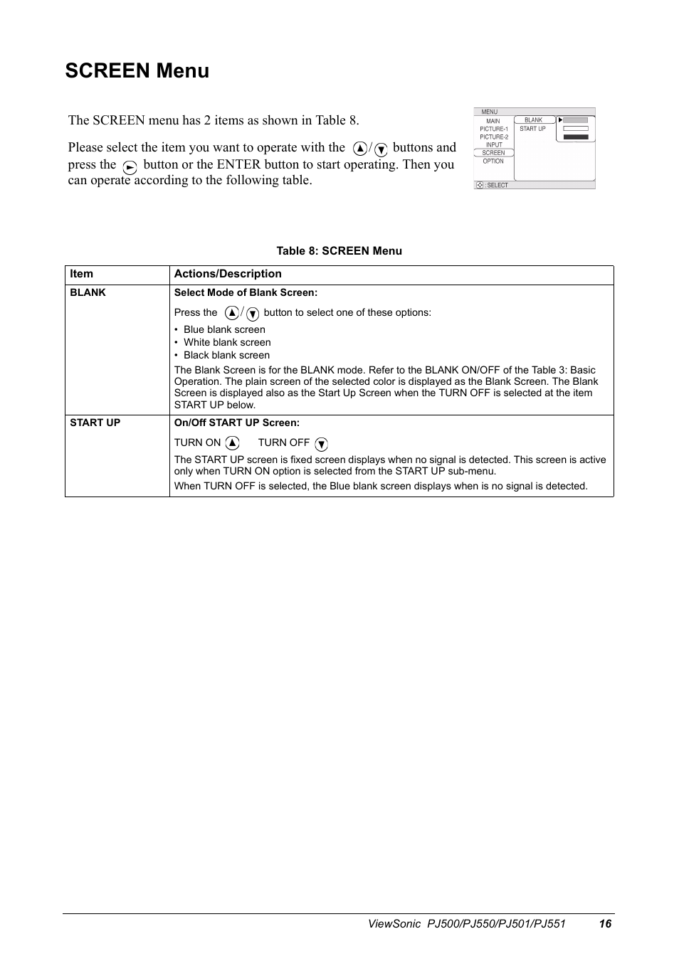 Screen menu | VIEWSONIC PJ500 User Manual | Page 19 / 32