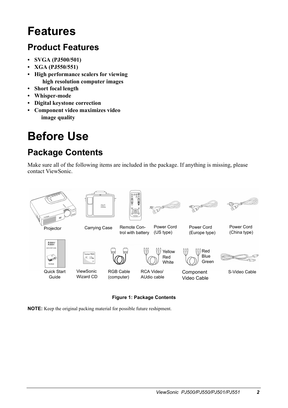 Features, Before use, Product features | Package contents | VIEWSONIC PJ500 User Manual | Page 5 / 32