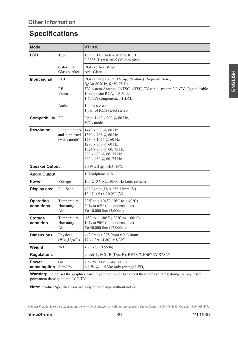 Specifications, Other information | VIEWSONIC VS12115-3M User Manual | Page 44 / 47