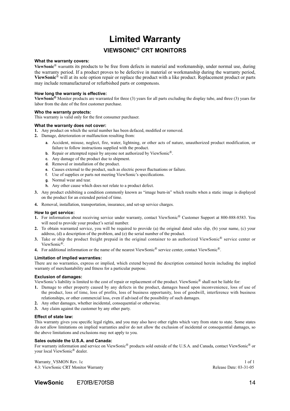Troubleshooting, Limited warranty, Viewsonic | Crt monitors | VIEWSONIC E70fb User Manual | Page 16 / 17