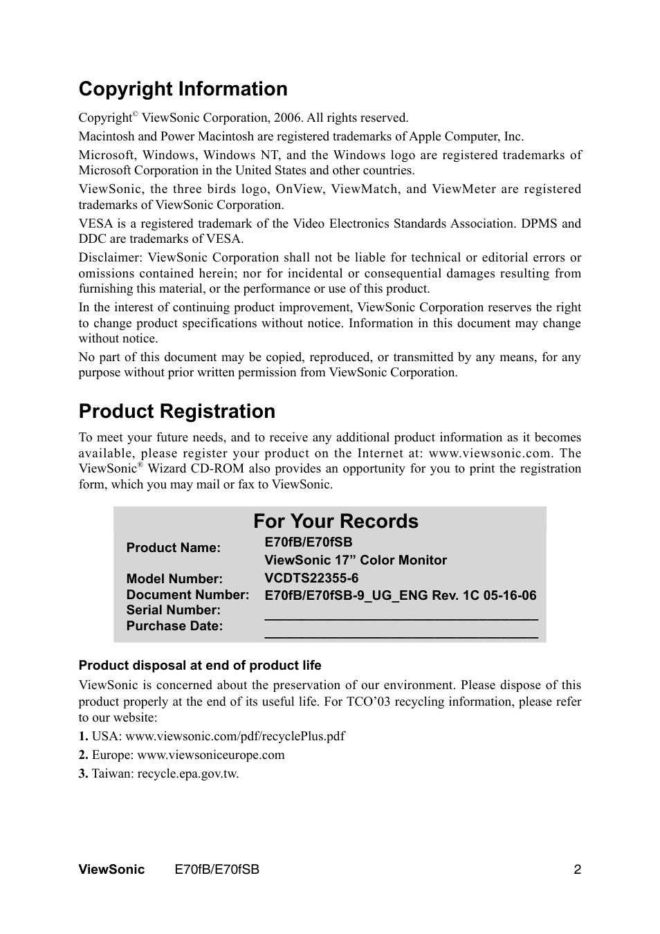 Copyright information, Product registration, For your records | VIEWSONIC E70fb User Manual | Page 4 / 17