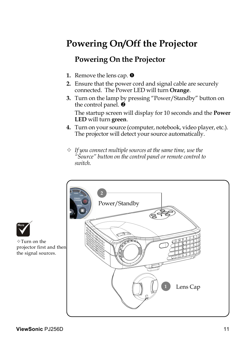 Powering on/off the projector, Powering on the projector | VIEWSONIC PJ256D User Manual | Page 15 / 38
