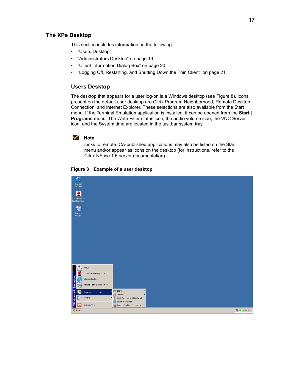 The xpe desktop, Users desktop, The xpe desktop 17 | Users desktop 17, Example of a user desktop 17 | Wyse Technology TM 9000 Series User Manual | Page 29 / 74