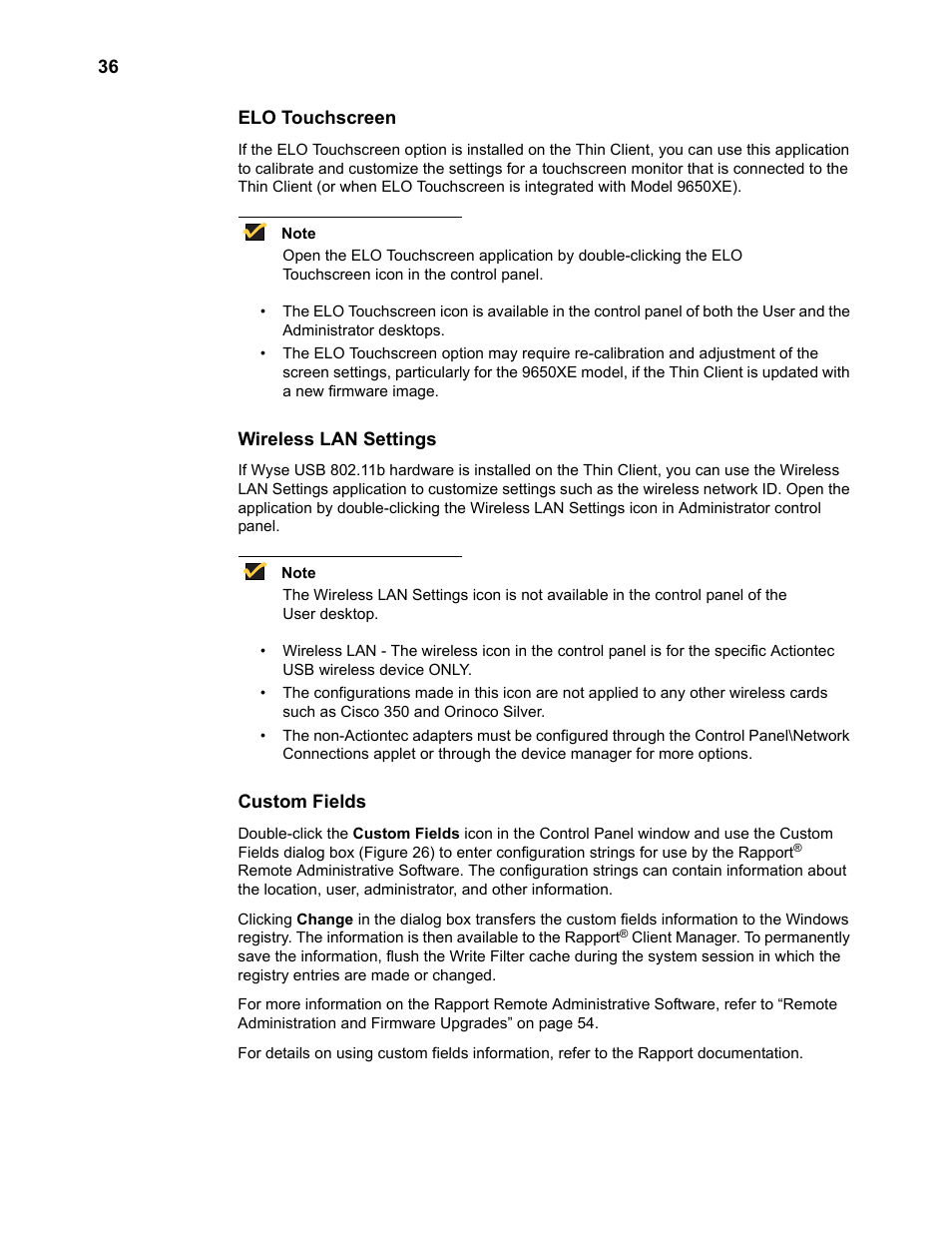 Elo touchscreen, Wireless lan settings, Custom fields | Wyse Technology TM 9000 Series User Manual | Page 48 / 74