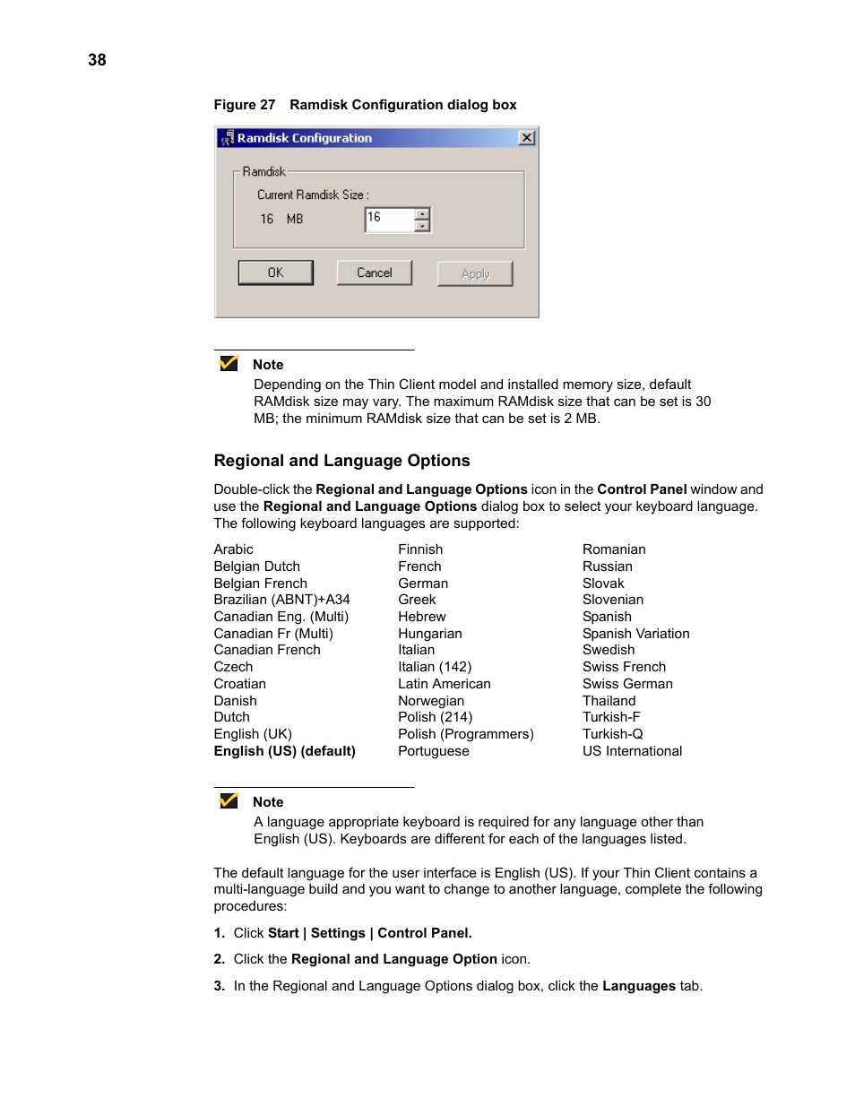 Regional and language options, Regional and language options 38, Ramdisk configuration dialog box 38 | Wyse Technology TM 9000 Series User Manual | Page 50 / 74