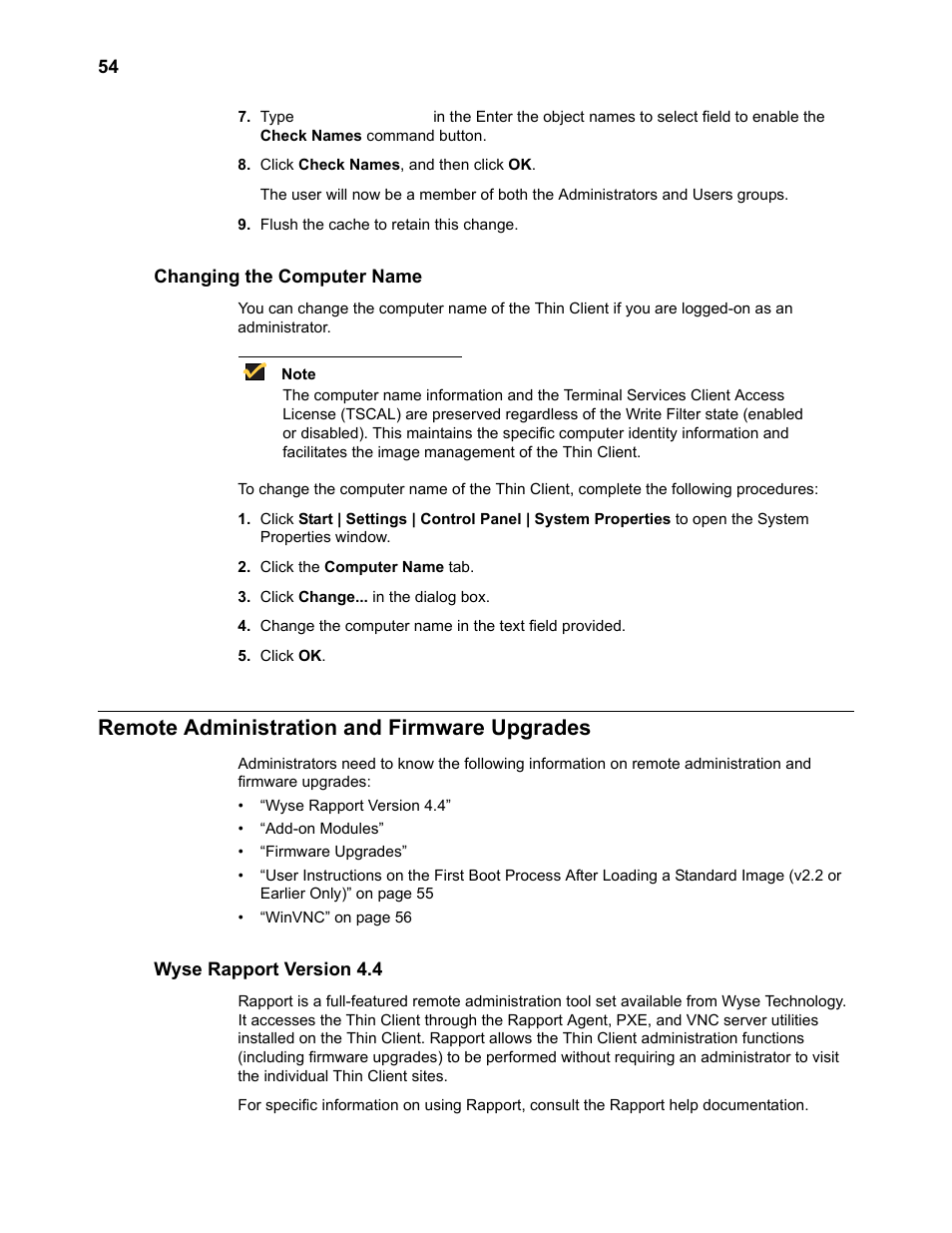 Changing the computer name, Remote administration and firmware upgrades, Wyse rapport version 4.4 | Wyse rapport version 4.4 54 | Wyse Technology TM 9000 Series User Manual | Page 66 / 74