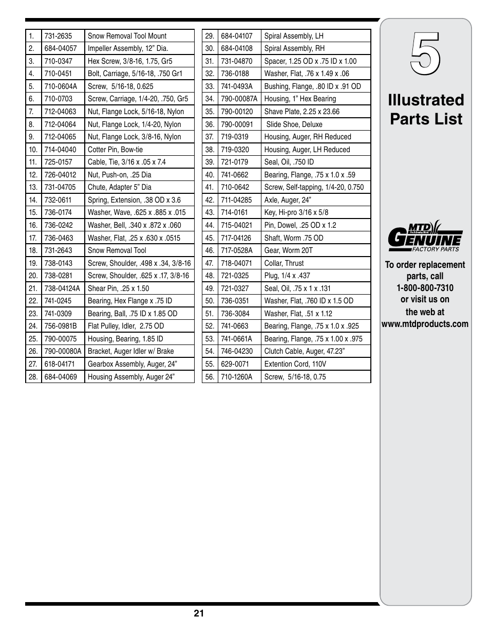 Illustrated parts list | White Outdoor 769-01923A User Manual | Page 21 / 28