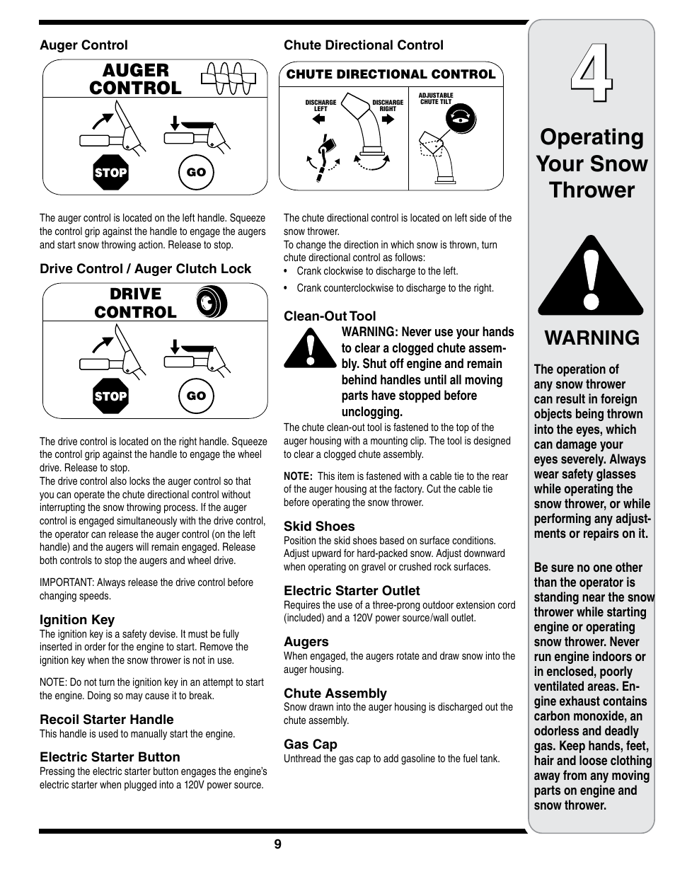Operating your snow thrower, Warning | White Outdoor 769-01923A User Manual | Page 9 / 28