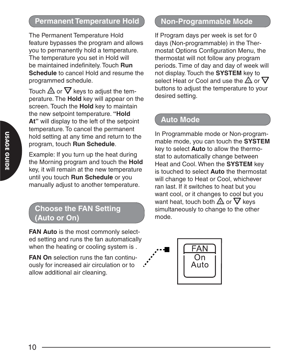 10 permanent temperature hold, Choose the fan setting (auto or on), Non-programmable mode | Auto mode | White Rodgers EMERSON BLUE 1F98EZ-1441 User Manual | Page 10 / 20