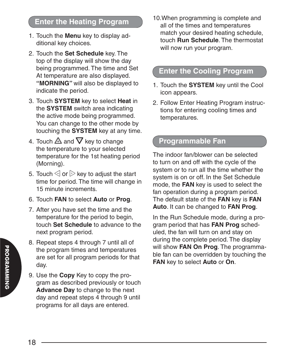 Enter the cooling program, Programmable fan, 18 enter the heating program | White Rodgers EMERSON BLUE 1F98EZ-1441 User Manual | Page 18 / 20