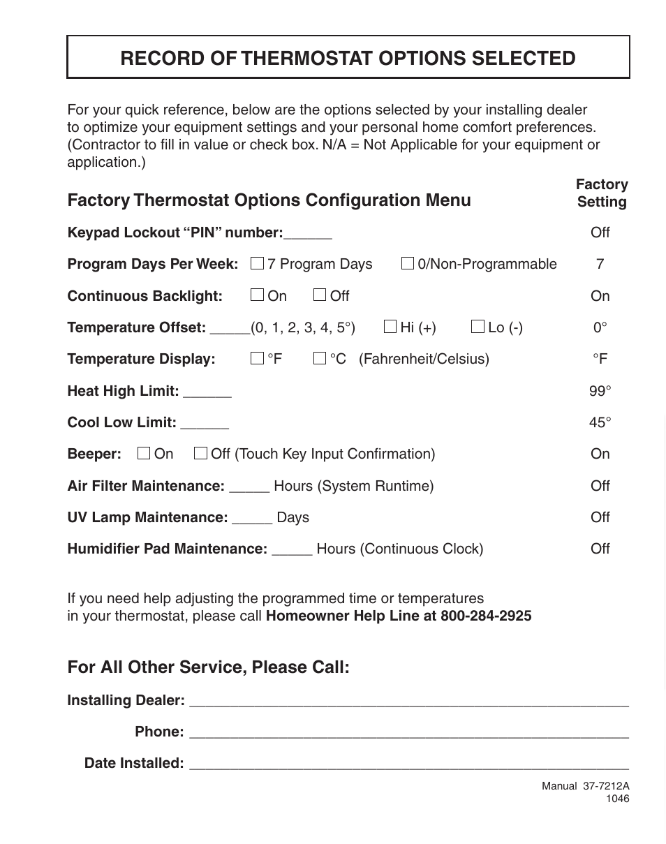 Record of thermostat options selected, Factory thermostat options conﬁguration menu, For all other service, please call | White Rodgers EMERSON BLUE 1F98EZ-1441 User Manual | Page 20 / 20