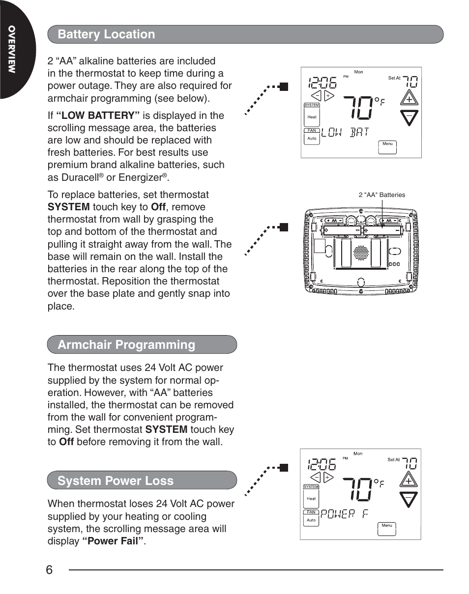 Armchair programming, System power loss, Battery location | White Rodgers EMERSON BLUE 1F98EZ-1441 User Manual | Page 6 / 20