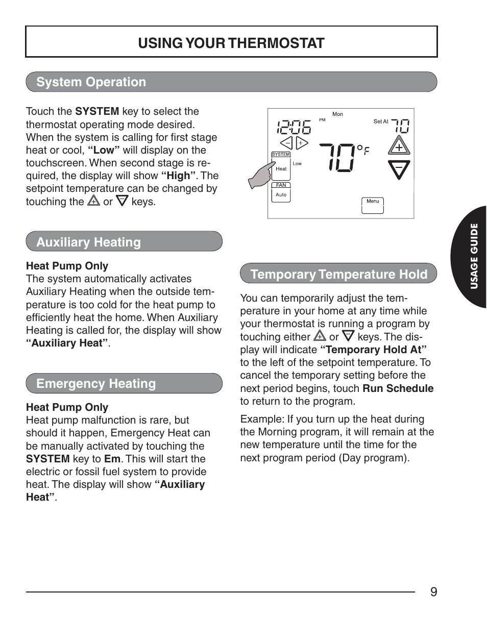 Using your thermostat, System operation temporary temperature hold, Auxiliary heating | Emergency heating | White Rodgers EMERSON BLUE 1F98EZ-1441 User Manual | Page 9 / 20