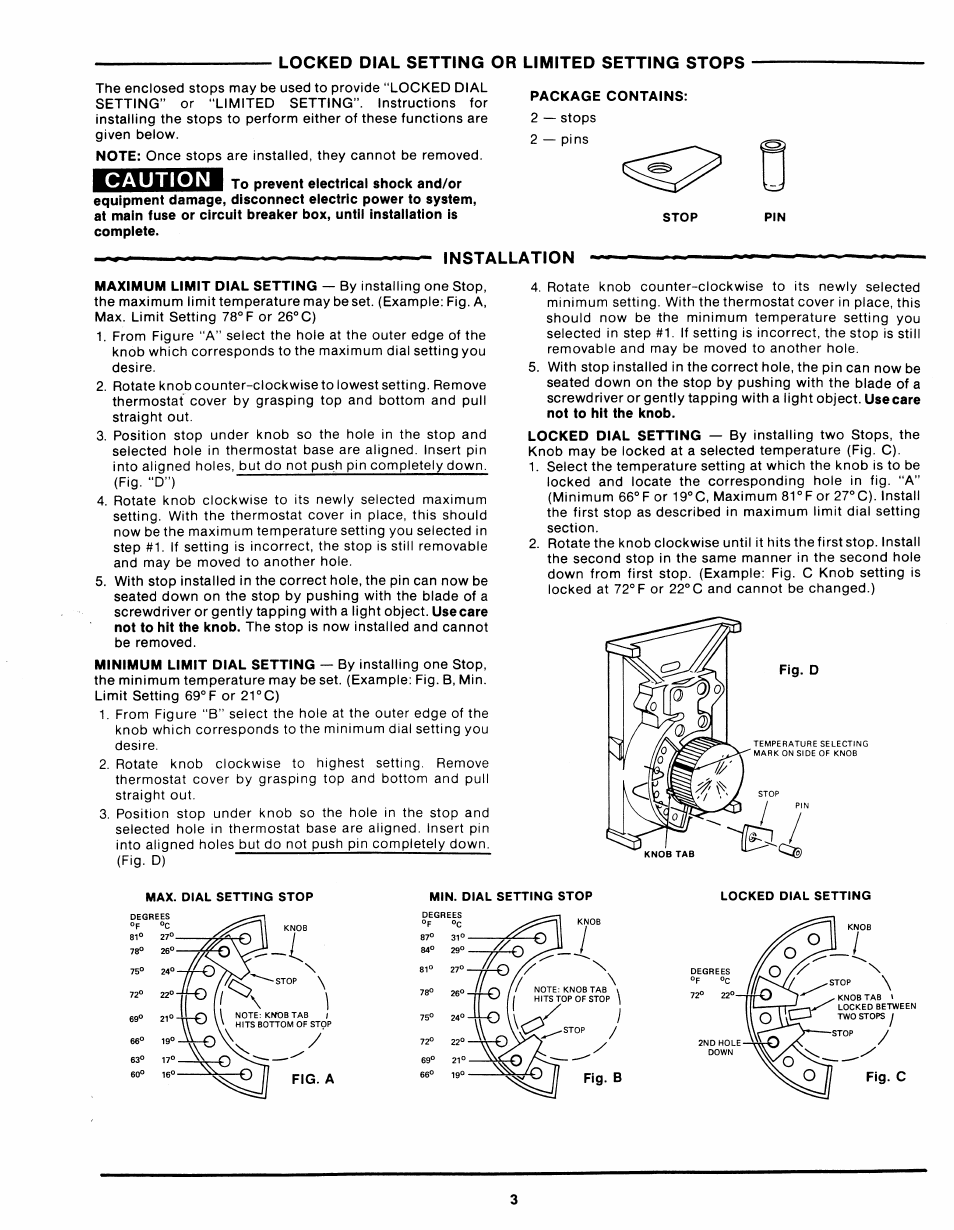 Locked dial setting or limited setting stops, Caution, Installation | White Rodgers 1A10 User Manual | Page 3 / 3