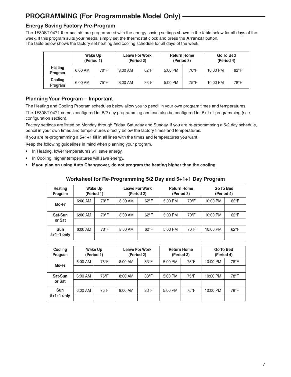Programming (for programmable model only) | White Rodgers 1F80ST-0471 User Manual | Page 7 / 8