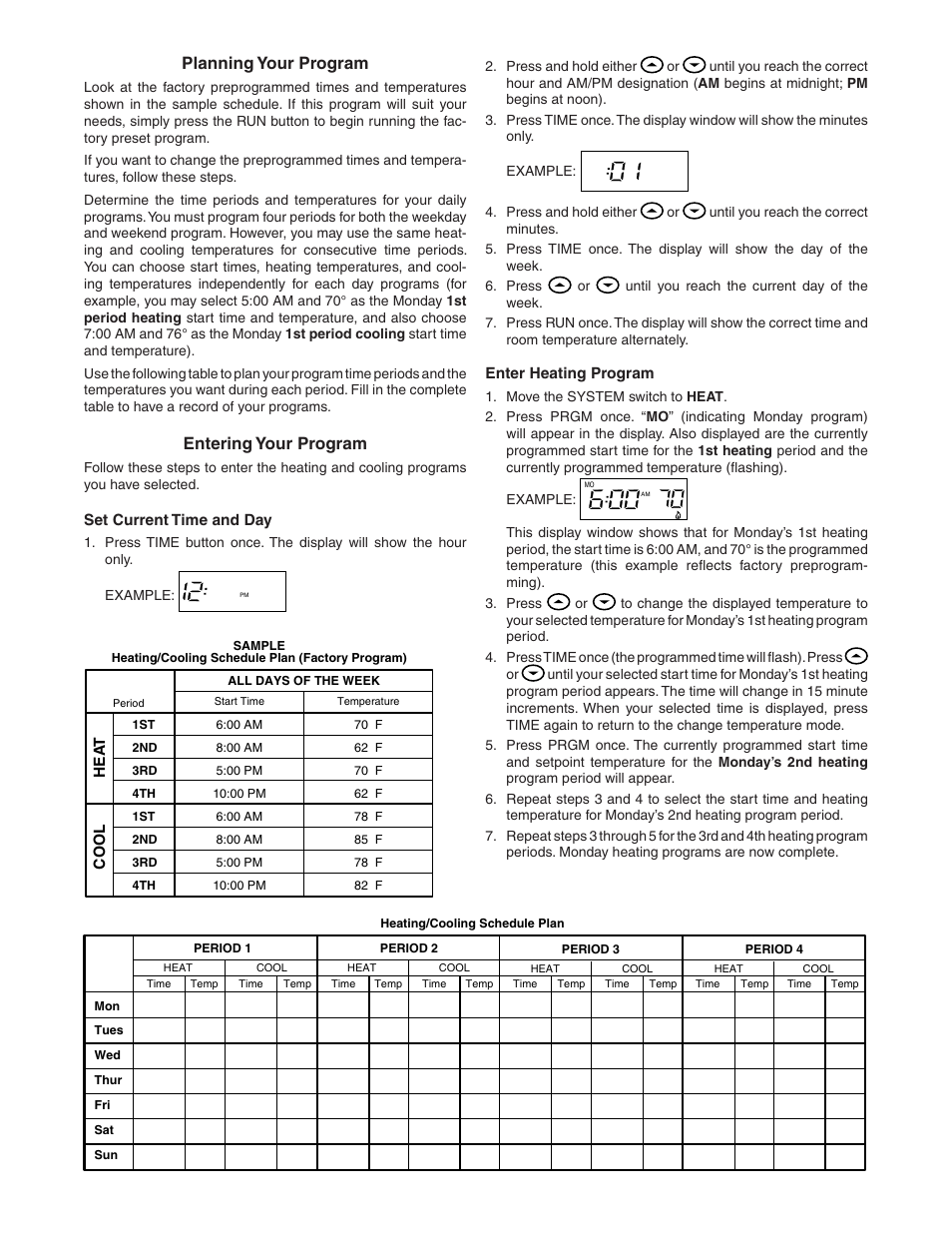 Planning your program, Entering your program | White Rodgers 875 User Manual | Page 6 / 8