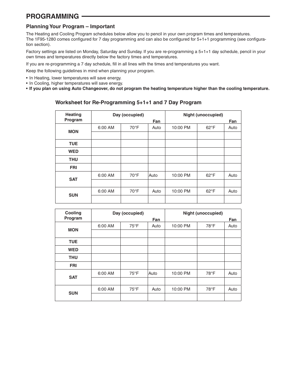Programming | White Rodgers 1F95-1280 User Manual | Page 12 / 16