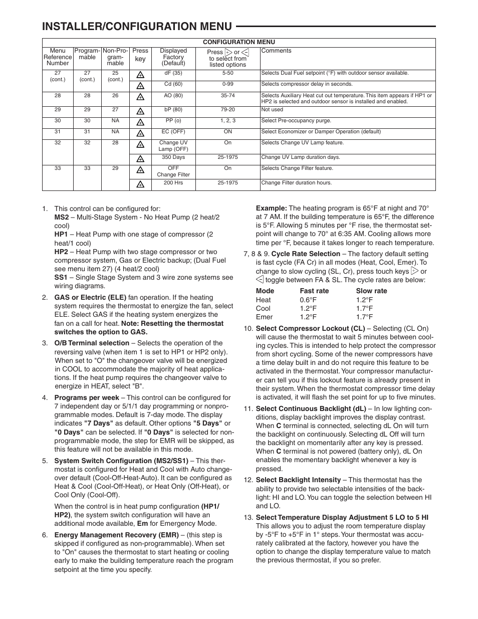Installer/configuration menu | White Rodgers 1F95-1280 User Manual | Page 6 / 16