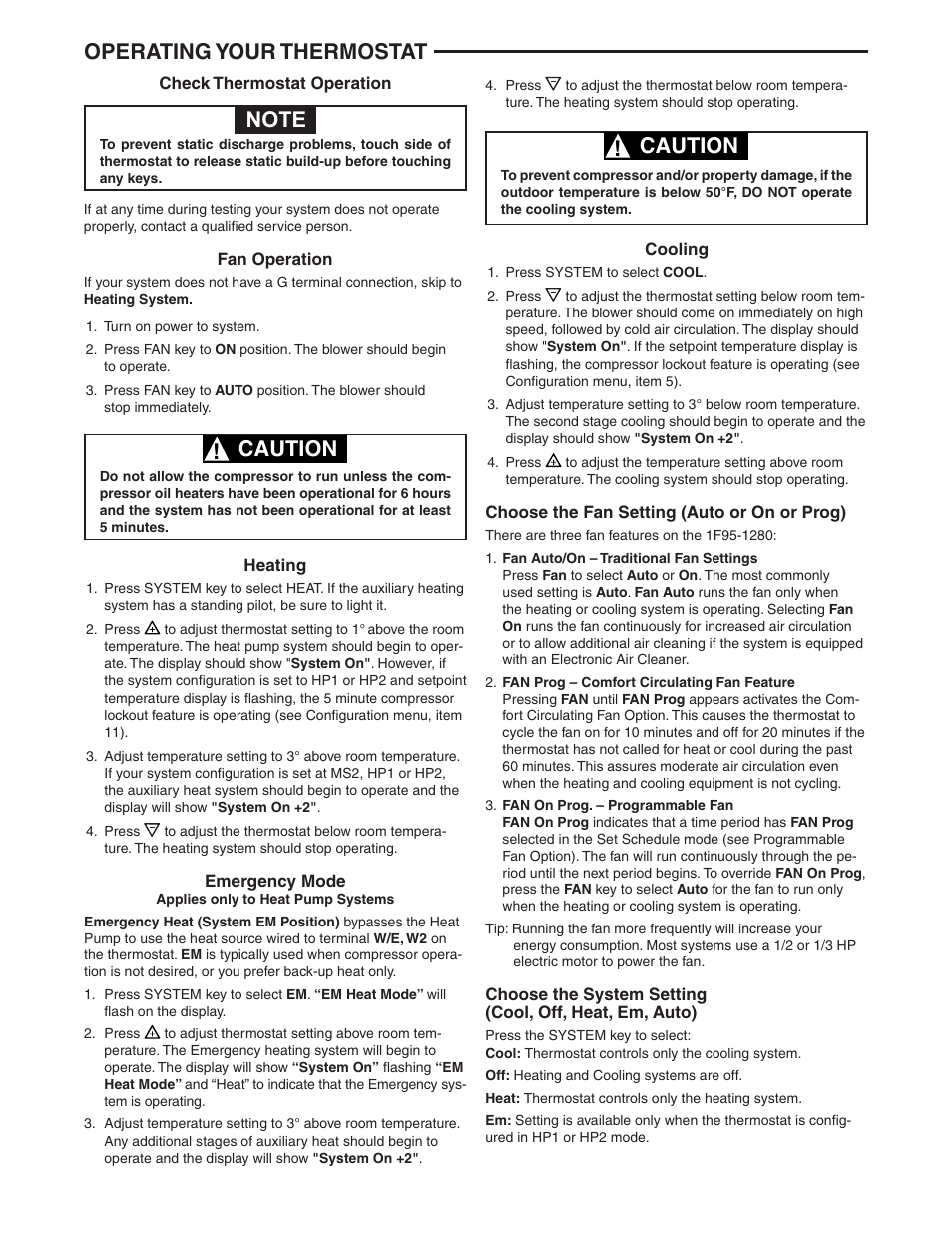 Operating your thermostat, Caution | White Rodgers 1F95-1280 User Manual | Page 9 / 16