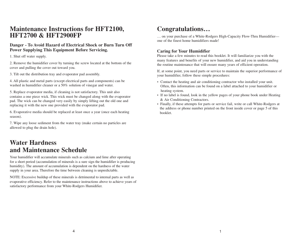 Water hardness and maintenance schedule | White Rodgers HFT 2900FP User Manual | Page 6 / 11